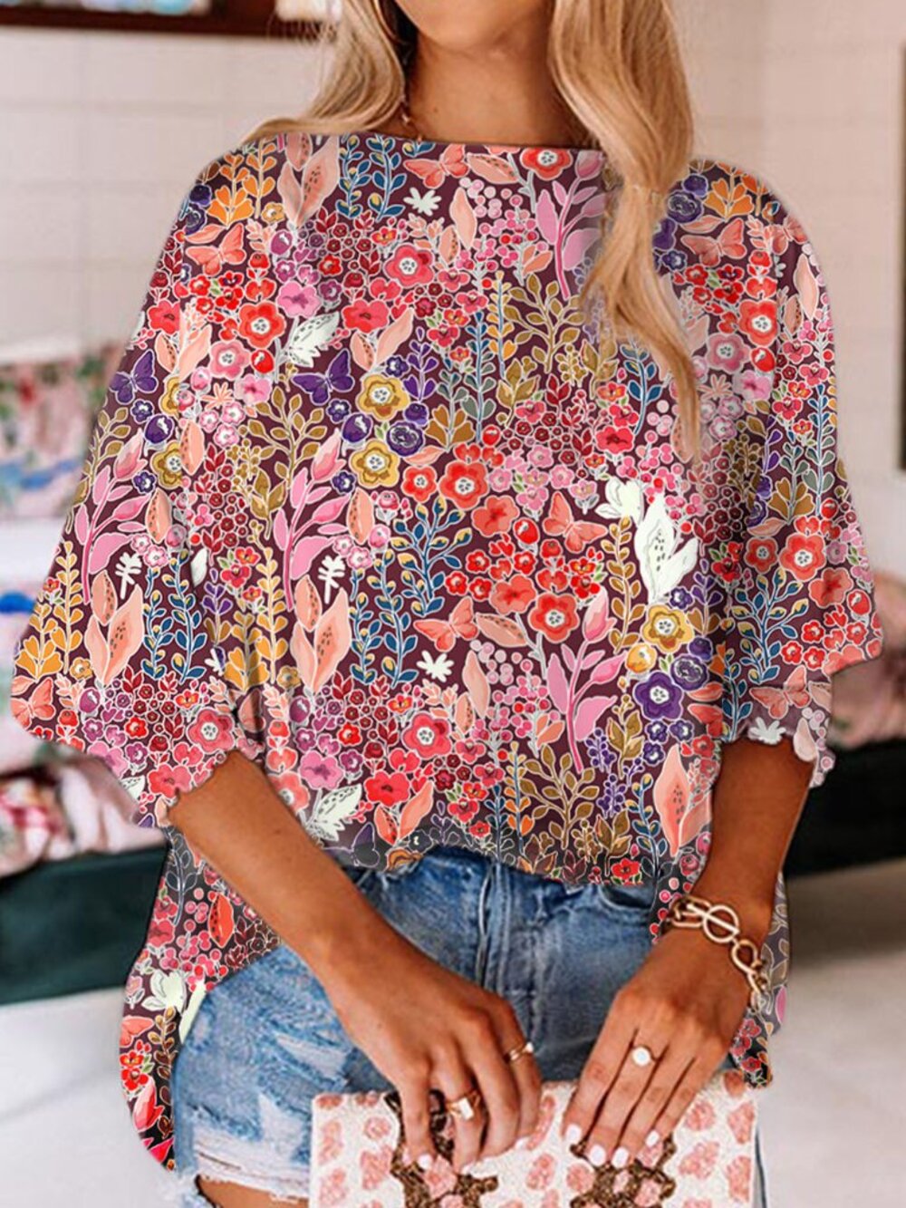 NWOT Women's Floral Print Tunic Top - Pink Multicolor